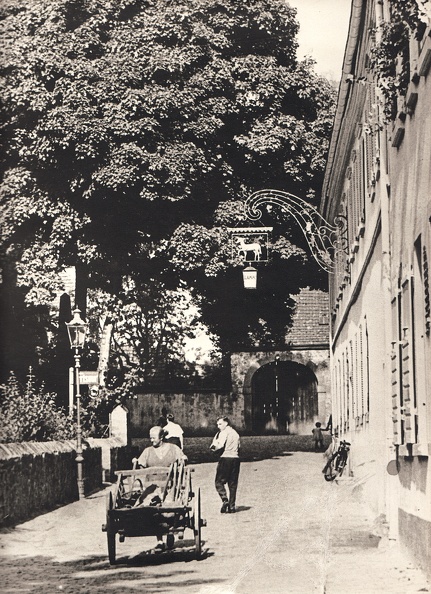 ca. 1950, Eva Kücherer mit dem Handwagen in der Pfarrgasse von dem Gasthaus zum Goldenen Lamm, links Eingang Friseur Hetzel
Gesch.Zimmer, Fenster Mitte Bild0027.jpg